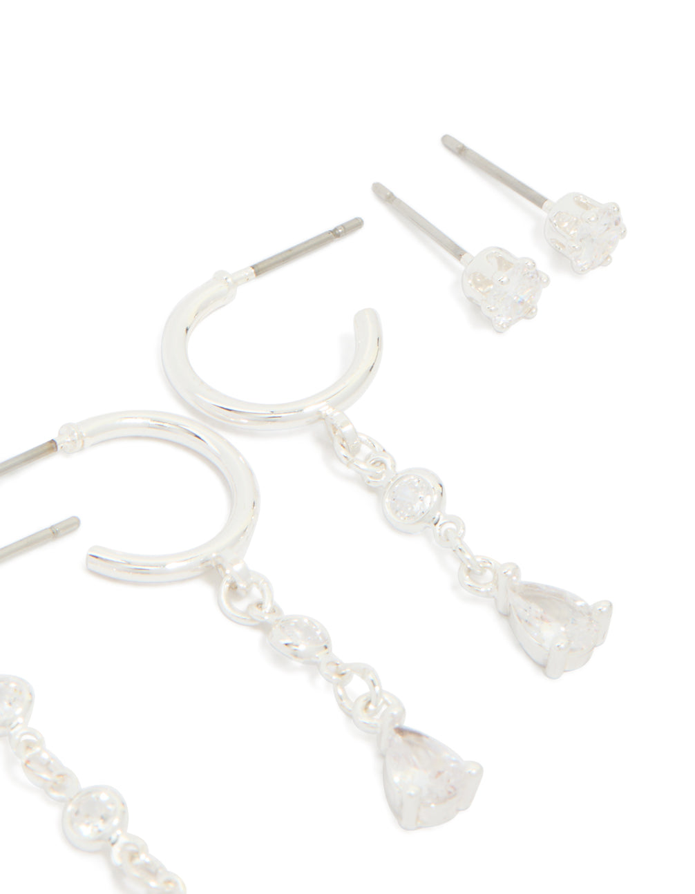 Silver Plated Brass Cubic Zirconia Circle Chain & Stud Earrings 4-Pack