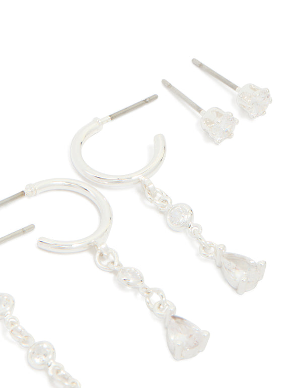 Silver Plated Brass Cubic Zirconia Circle Chain & Stud Earrings 4-Pack