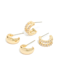 Gold Plated Brass Smooth & Cubic Zirconia Double Hoop Earrings 2-Pack - link has visual effect only