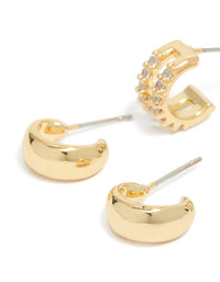 Gold Plated Brass Smooth & Cubic Zirconia Double Hoop Earrings 2-Pack - link has visual effect only