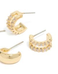 Gold Plated Brass Smooth & Cubic Zirconia Double Hoop Earrings 2-Pack - link has visual effect only