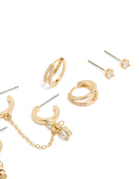 Gold Plated Cubic Zirconia Huggie & Chain Earrings 5-Pack - link has visual effect only