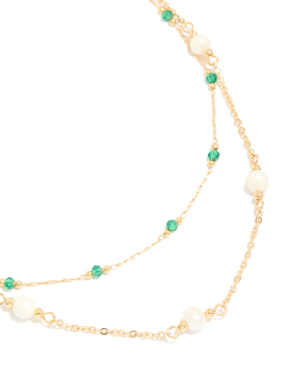 Gold Plated Emerald Stone & Pearl Layered Necklace