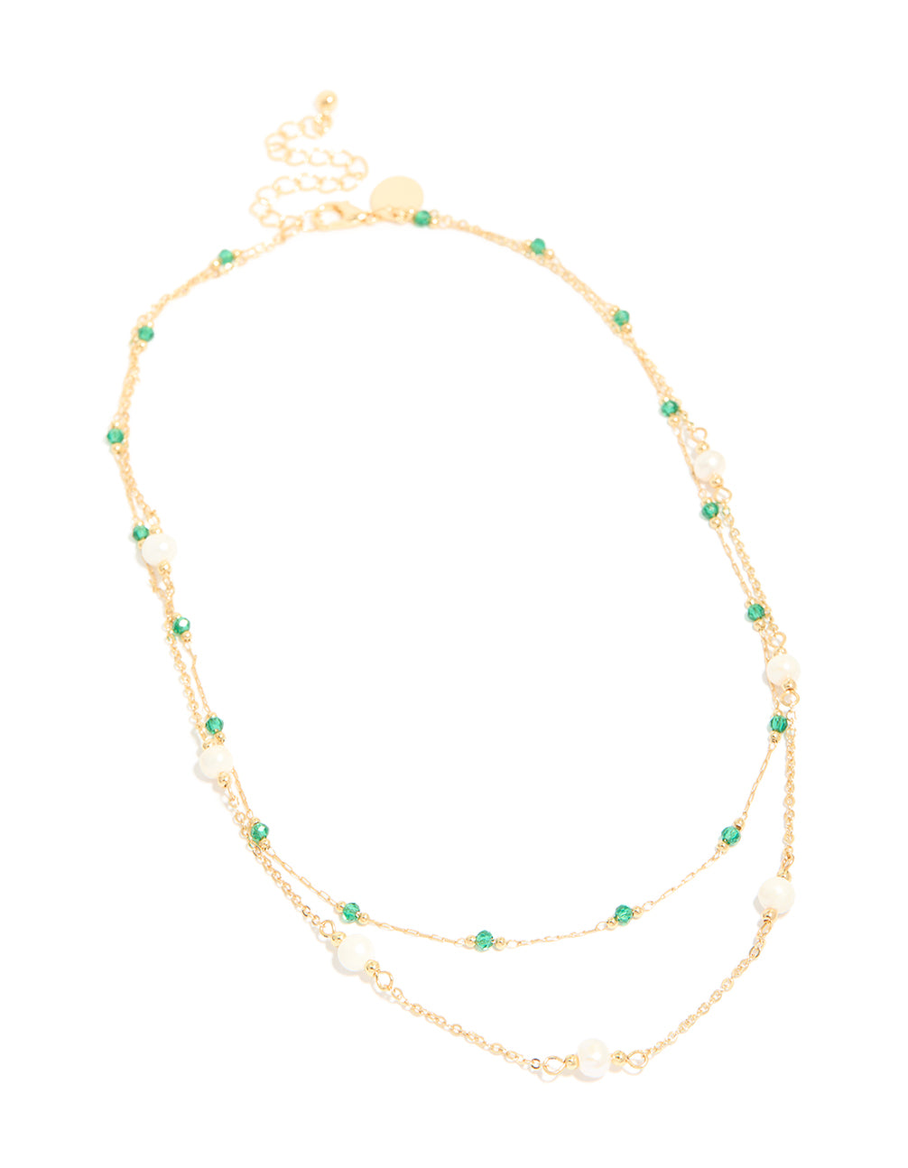 Gold Plated Emerald Stone & Pearl Layered Necklace
