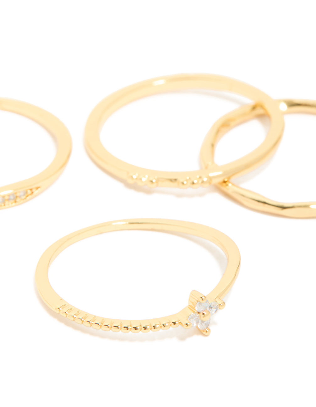 Gold Plated Cubic Zirconia Bezel Set Flower & Molten Rings 5-Pack