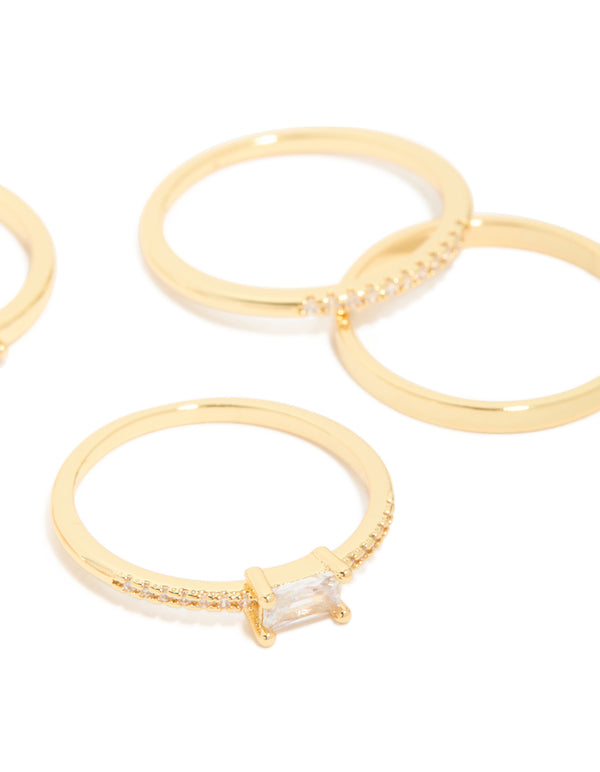 Highlighting gold plated open rectangular cubic zirconia rings 5-pack side detail view