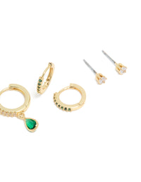 Gold Plated Brass Emerald Cubic Zirconia May Birthstone Earrings 4-Pack - link has visual effect only