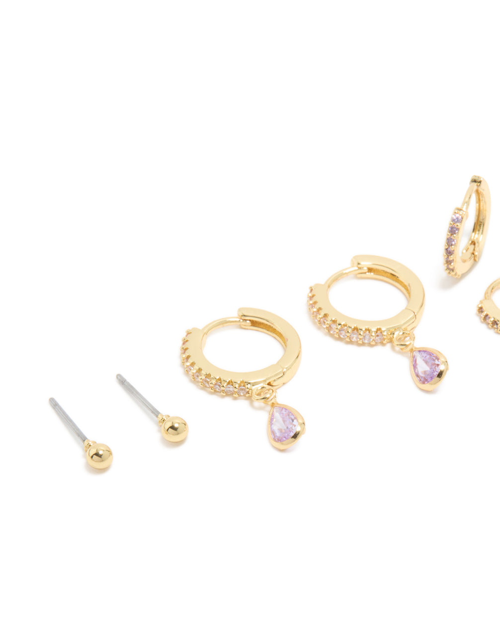 Gold Plated Brass Light Amethyst Cubic Zirconia June Birthstone Earrings 4-Pack
