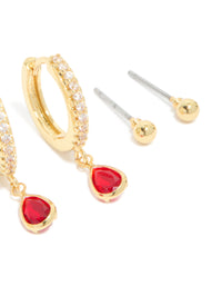 Gold Plated Brass Garnet Cubic Zirconia January Birthstone Earrings 4-Pack - link has visual effect only