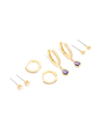 Gold Plated Brass Amethyst Cubic Zirconia February Birthstone Earrings 4-Pack - link has visual effect only