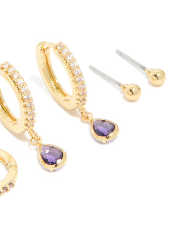Gold Plated Brass Amethyst Cubic Zirconia February Birthstone Earrings 4-Pack