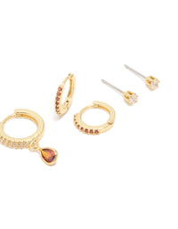 Gold Plated Brass Ruby Cubic Zirconia July Birthstone Earrings 4-Pack - link has visual effect only