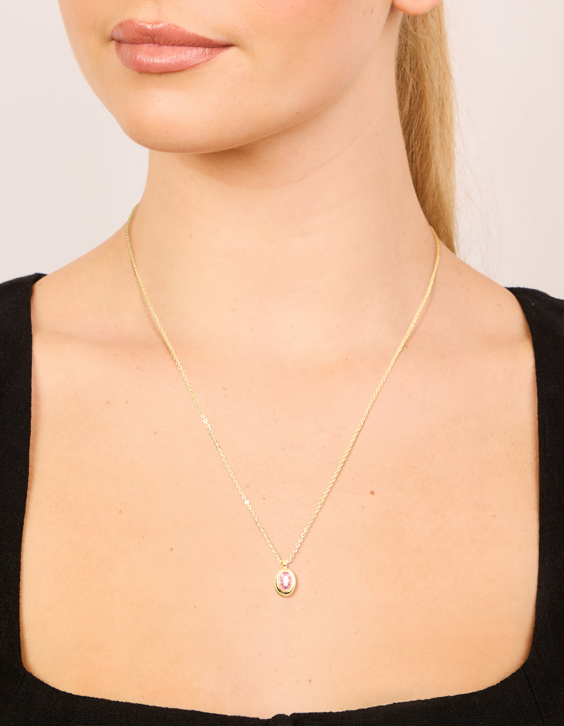 Gold Plated Brass Pink Tourmaline October Birthstone Necklace