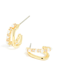Gold Plated Cubic Zirconia Pearl Inlay Double Layered Open Hoop Earrings - link has visual effect only