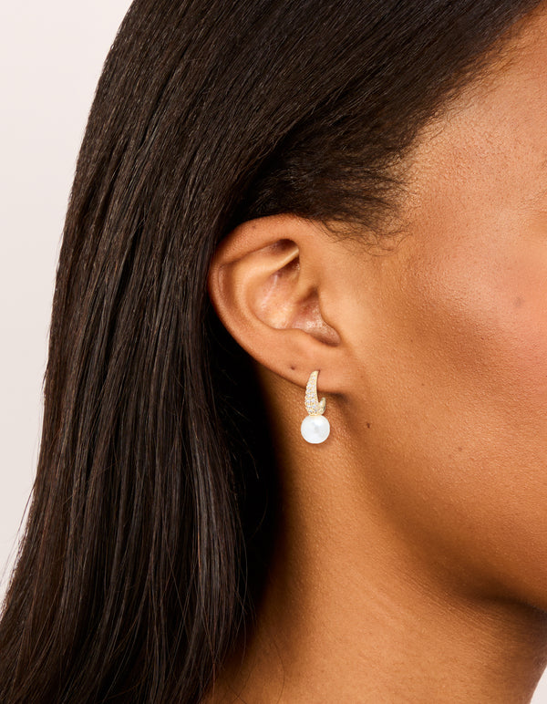 Gold Plated Cubic Zirconia & Pearl Small Pave Open Hoop Earrings