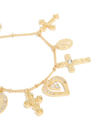Gold Plated Diamante Large Cross & Heart Charms Bracelet - link has visual effect only