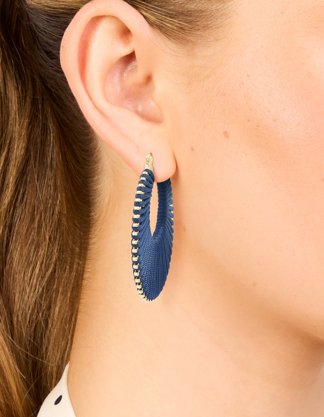 Gold Dark Blue Thread Hoop Earrings