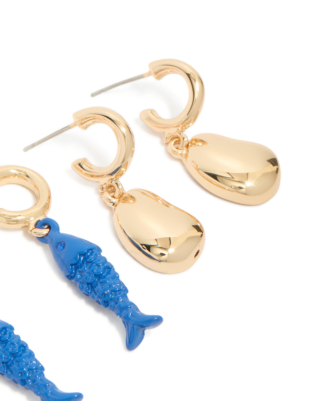 Gold Small Fish & Pebble Open Hoop Earrings 3-Pack