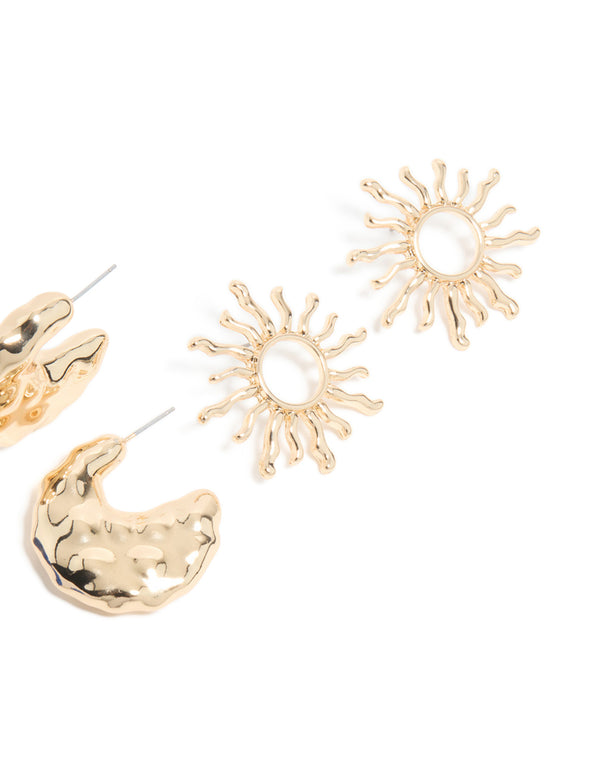 Gold Sun & Blue Acrylic Open Hoop Earrings 3-Pack