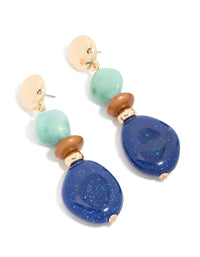 Gold Light & Dark Blue Acrylic Bead Drop Earrings - link has visual effect only