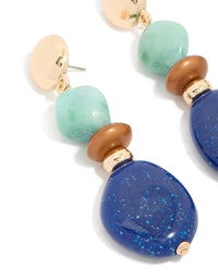 Gold Light & Dark Blue Acrylic Bead Drop Earrings - link has visual effect only