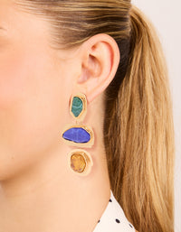 Worn Gold Blue & Green Acrylic Triple Layered Drop Earrings - link has visual effect only