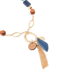 Gold Brown & Dark Blue Beaded Fringe Long Necklace - link has visual effect only