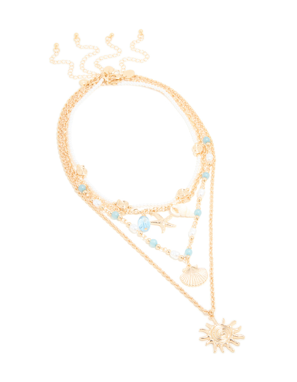 Gold Blue Beaded & Pearl Chain Layered Necklace