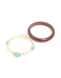 Gold Turquoise Stone & Wood Bangles 2-Pack - link has visual effect only