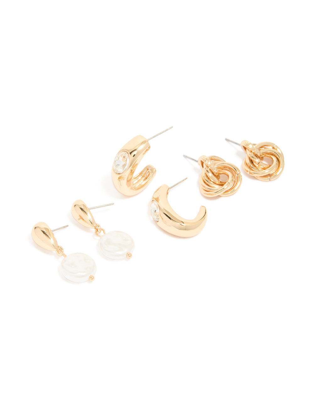 Gold Twisted & Pearl Stud Earrings 3-Pack