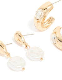 Gold Twisted & Pearl Stud Earrings 3-Pack - link has visual effect only