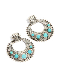 Antique Silver Turquoise Stone Round Textured Drop Earrings - link has visual effect only