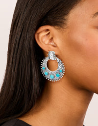 Antique Silver Turquoise Stone Round Textured Drop Earrings - link has visual effect only