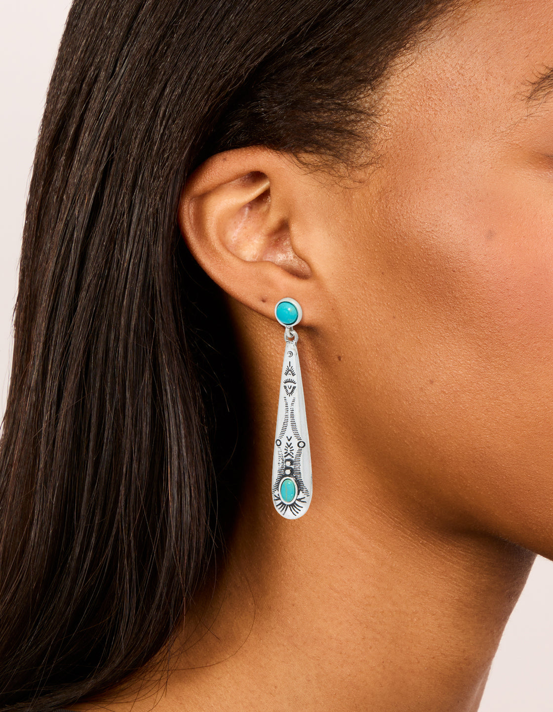 Antique Silver Turquoise Stone Thin Celestial Pattern Drop Earrings