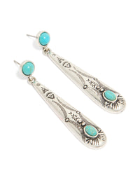 Antique Silver Turquoise Stone Thin Celestial Pattern Drop Earrings - link has visual effect only