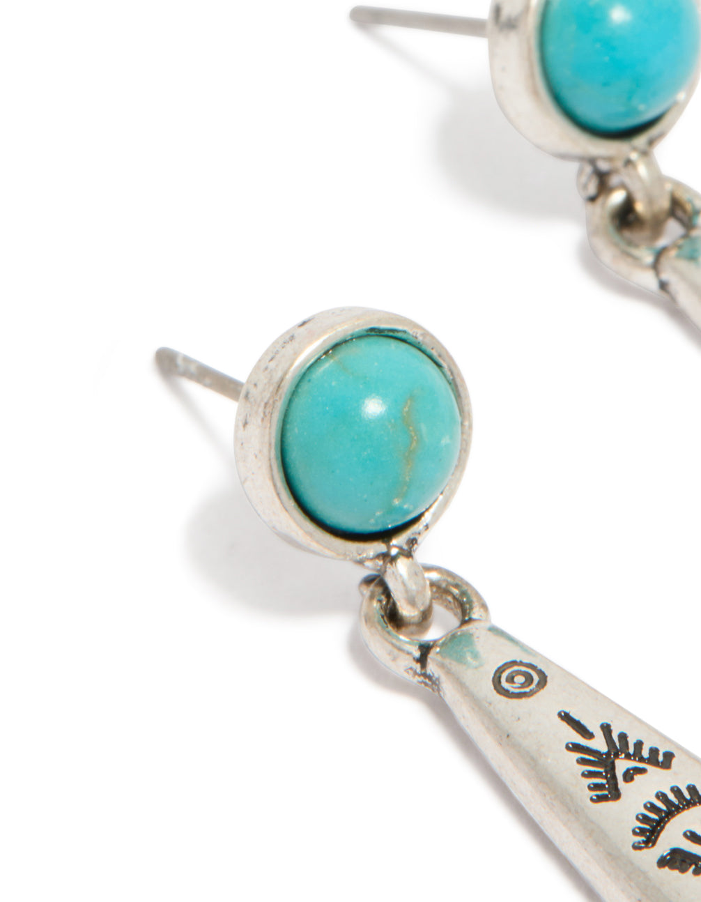 Antique Silver Turquoise Stone Thin Celestial Pattern Drop Earrings