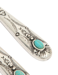 Antique Silver Turquoise Stone Thin Celestial Pattern Drop Earrings - link has visual effect only