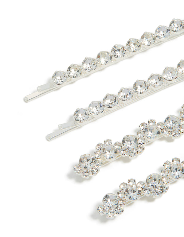 Silver Diamantes Hair Clips 4-Pack