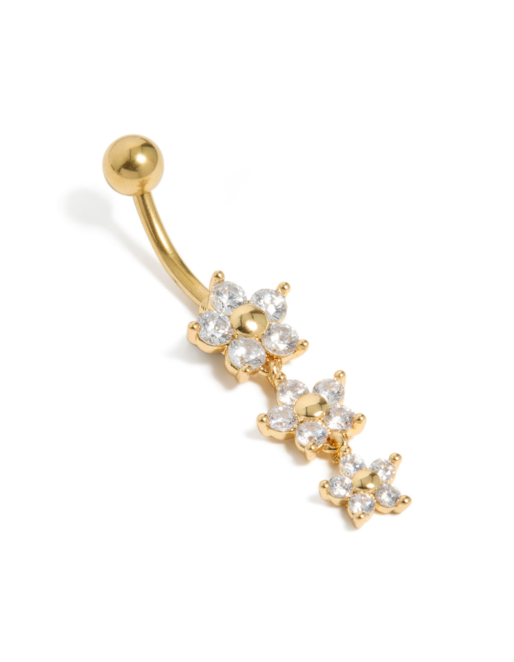 Crafted from gold plated surgical steel, this cubic zirconia 3 flower drop belly bar features a ball closure and floral design front view