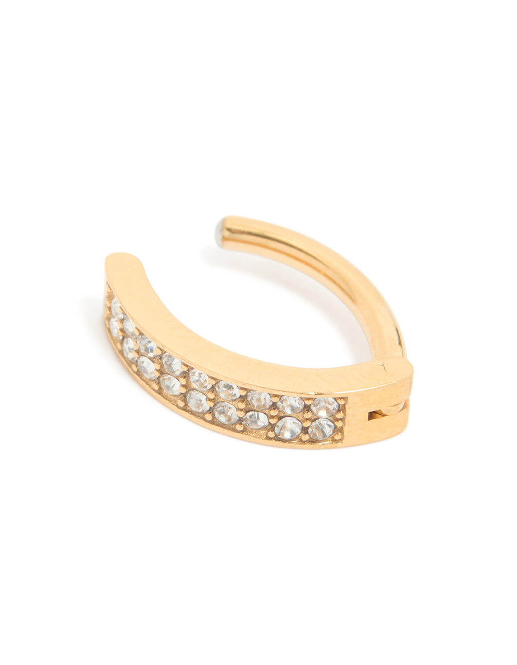 Featuring a gold plated surgical steel diamante cluster curved belly ring with hoop closure detail view