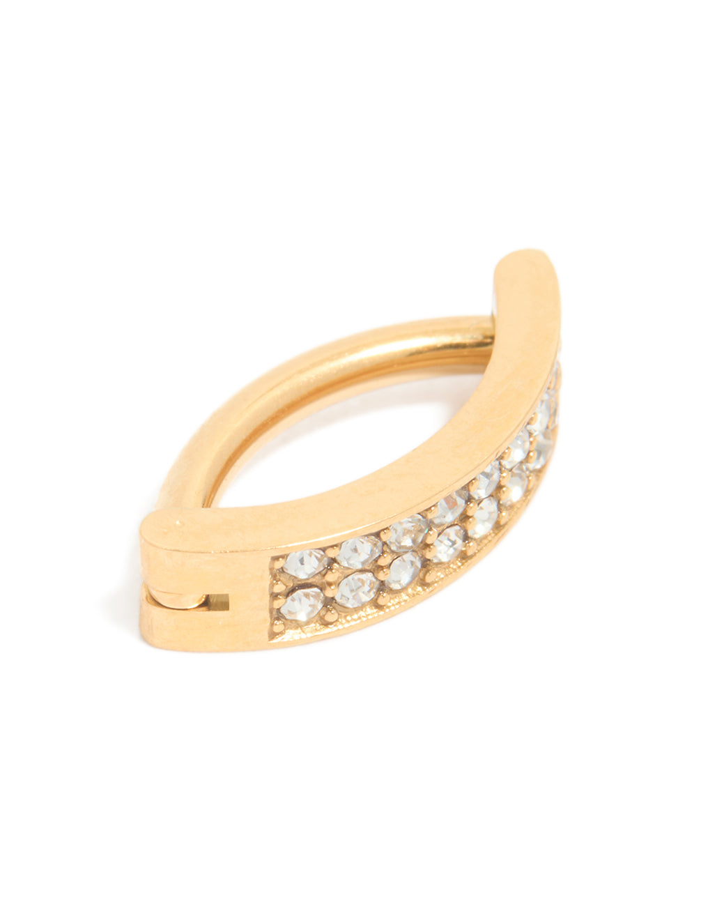 Crafted from gold plated surgical steel diamante cluster curved belly ring with hoop closure side view