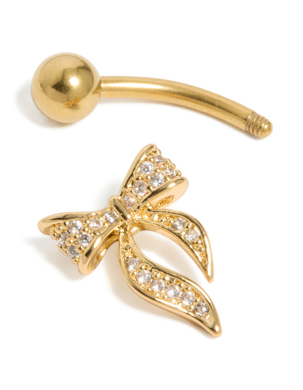 Gold Plated Surgical Steel Cubic Zirconia Long Pavé Bow Belly Bar