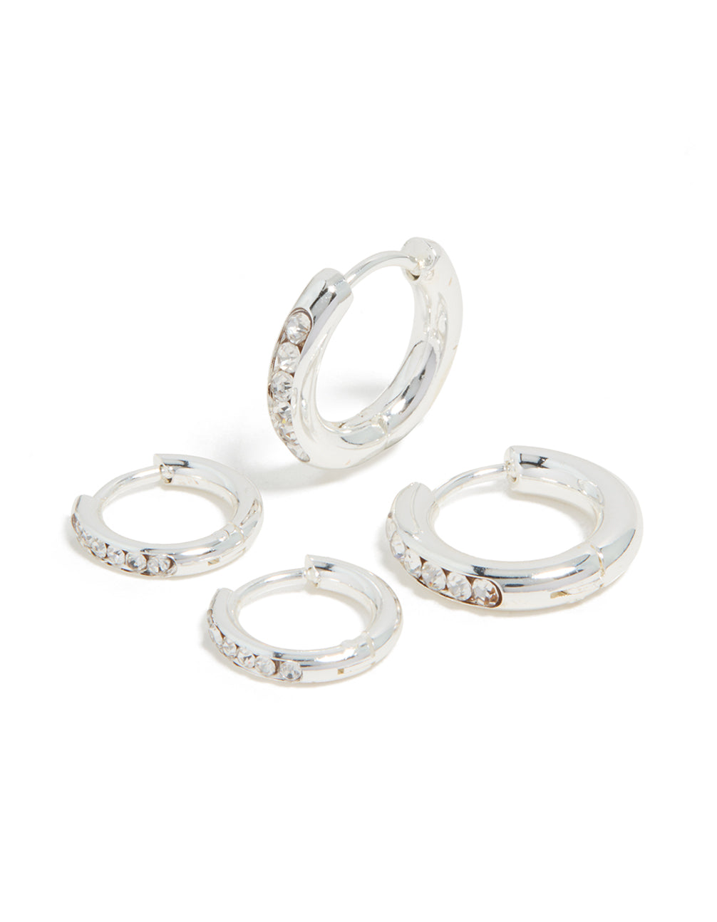 Crafted from waterproof stainless steel, these cubic zirconia huggie earrings feature a silver finish in a 2-pack front view