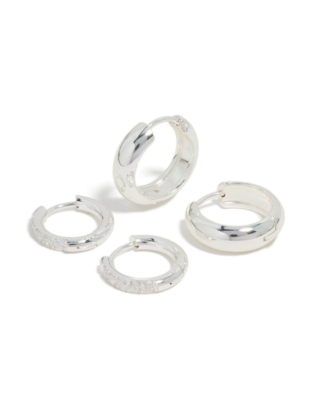 Elegant waterproof stainless steel cubic zirconia chubby huggie earrings 2-pack featuring crystal embellishments and hoop closure in silver front view