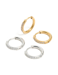 Waterproof Stainless Steel Mixed Metal Thin Pavé Huggie Earrings 2-Pack - link has visual effect only