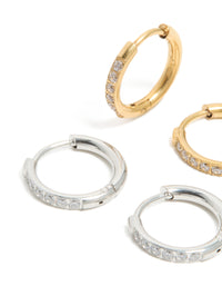 Waterproof Stainless Steel Mixed Metal Thin Pavé Huggie Earrings 2-Pack - link has visual effect only