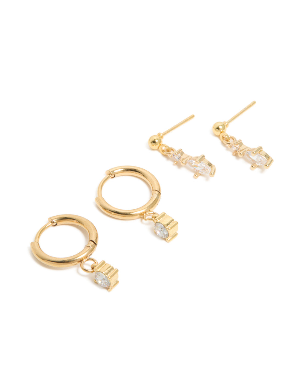 Beautifully crafted these waterproof gold plated stainless steel cubic zirconia huggie and drop earrings in a 2-pack with crystal front view