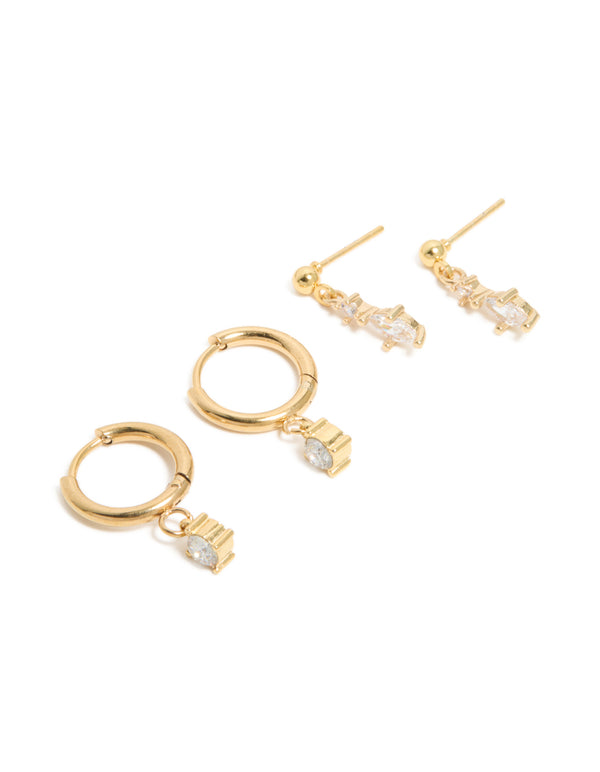 Waterproof Gold Plated Stainless Steel Cubic Zirconia  Huggie & Drop Earrings 2-Pack