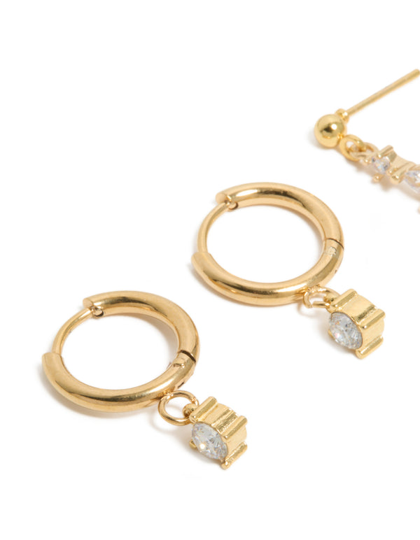 Waterproof Gold Plated Stainless Steel Cubic Zirconia  Huggie & Drop Earrings 2-Pack