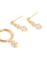 Waterproof Gold Plated Stainless Steel Cubic Zirconia  Huggie & Drop Earrings 2-Pack - link has visual effect only